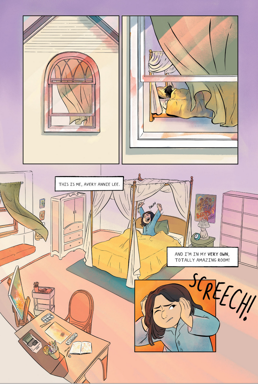 Illustration from Squished showing Avery Lee excited in her own colorful bedroom with an art desk and canopy bed.