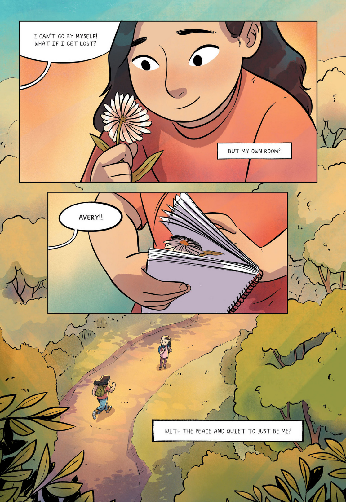 Illustration from Squished showing Avery holding a flower and a notebook, longing for her own room and quiet space.