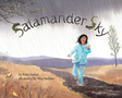 Salamander Sky book cover shows a joyful child running through a rainy landscape with trees and dark clouds.