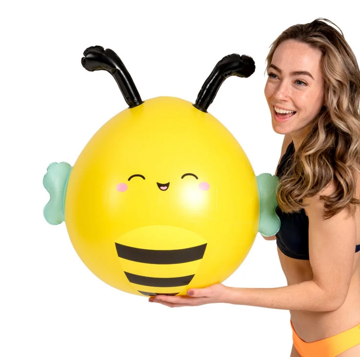 Sunny the Bee beach ball inflates to 30 inches, bright yellow with smiling face and bee details, perfect for fun at the beach.