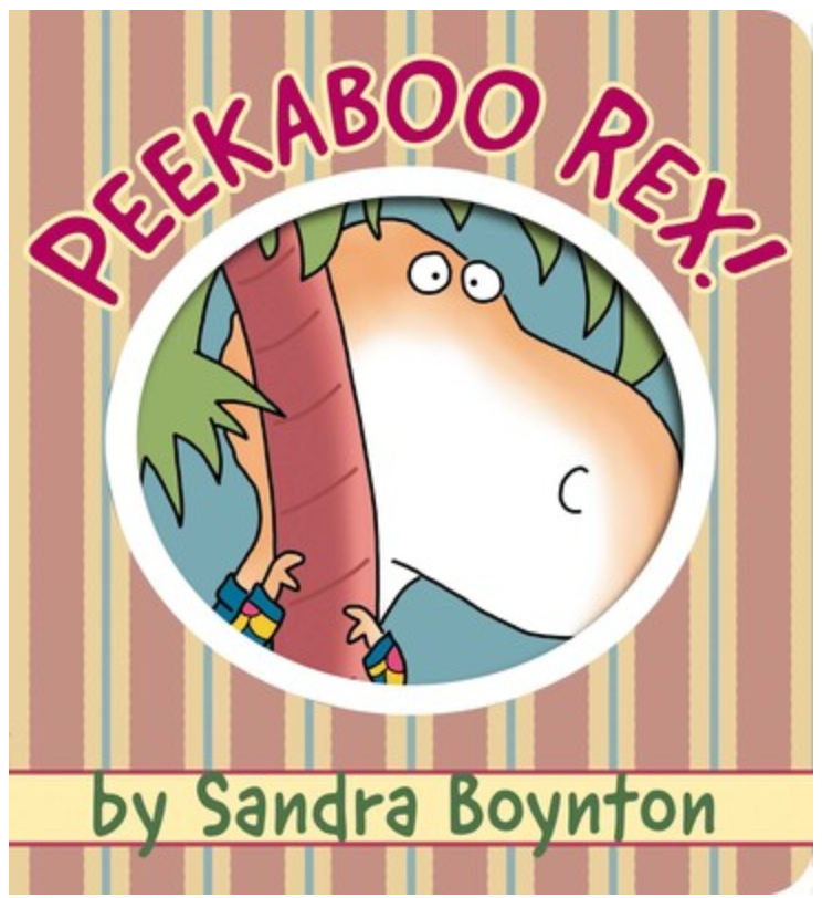 Peekaboo Rex board book cover with a playful T. rex hiding behind a tree, by Sandra Boynton.