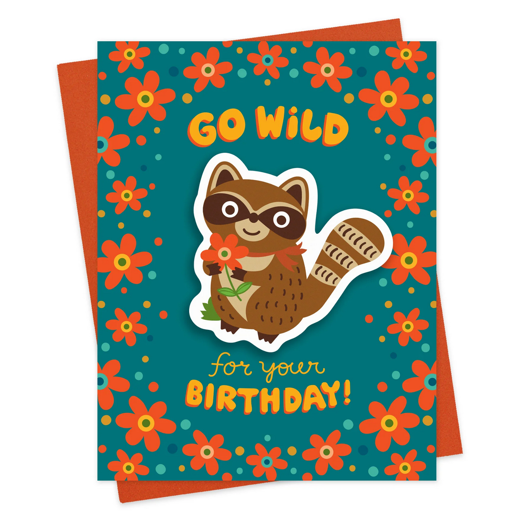 Go Wild Raccoon Sticker Birthday Card with cute raccoon holding a flower surrounded by orange flowers on teal background.