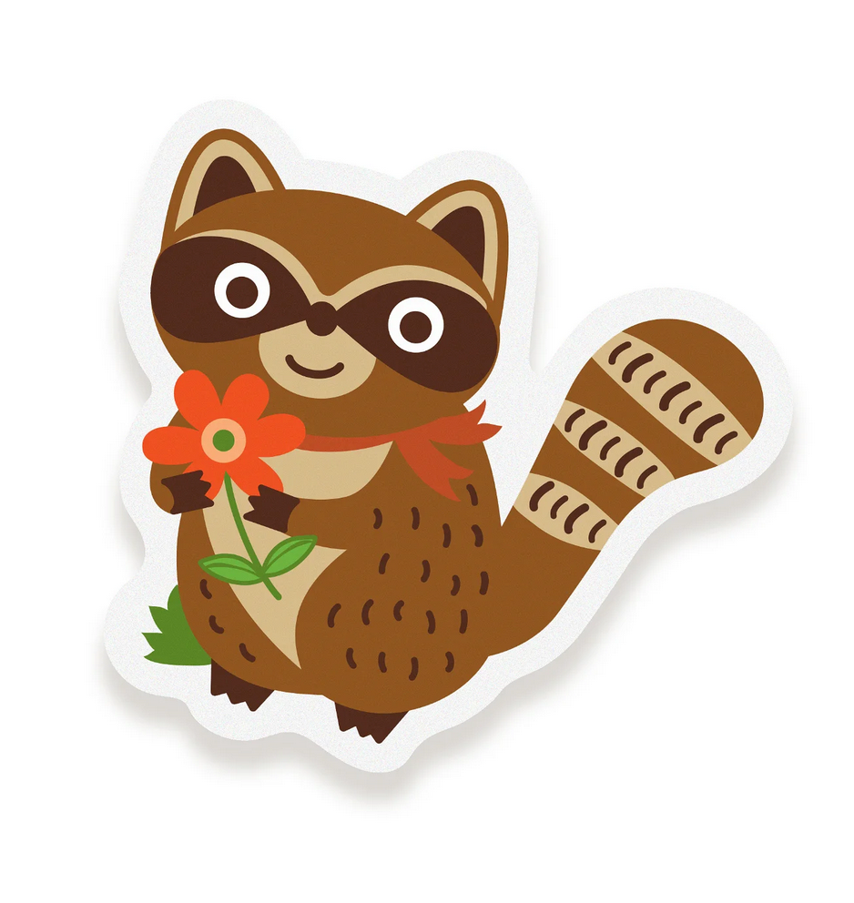 Go Wild Raccoon Sticker Birthday Card featuring a cute raccoon holding a red flower with a friendly smile.