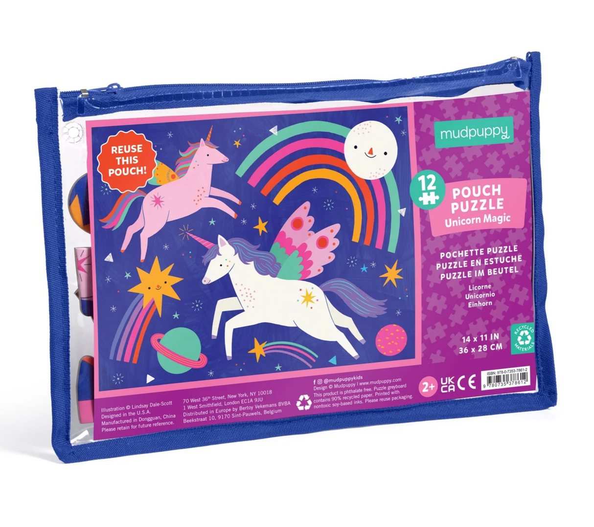 12pc Unicorn Puzzle Pouch with 12 colorful, thick pieces in a reusable zippered pouch for easy storage and travel.
