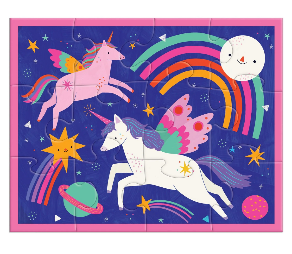 12pc Unicorn Puzzle Pouch featuring colorful unicorns, rainbow, and space elements in a whimsical night sky design.