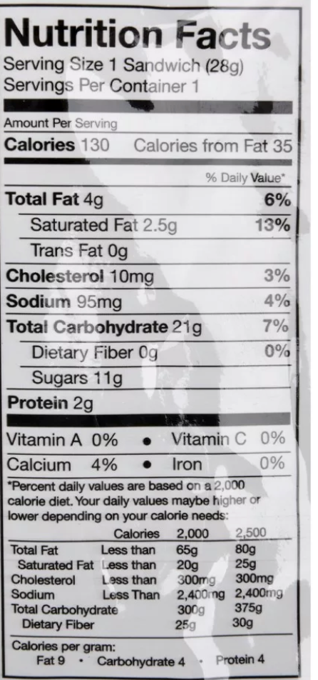 Nutrition facts label for Astronaut Ice Cream Sandwich showing calories, fat, cholesterol, sodium, carbs, and protein per serving.