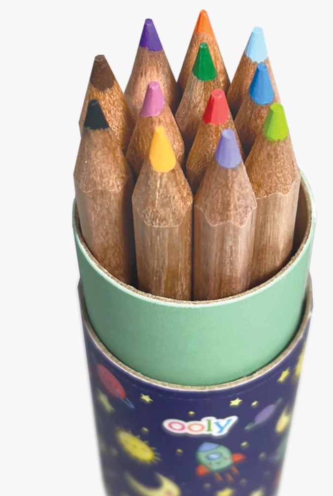 Draw 'n Doodle Mini Colored Pencils & Sharpener showing 12 vibrant short colored pencils inside a space-themed cardboard tube.