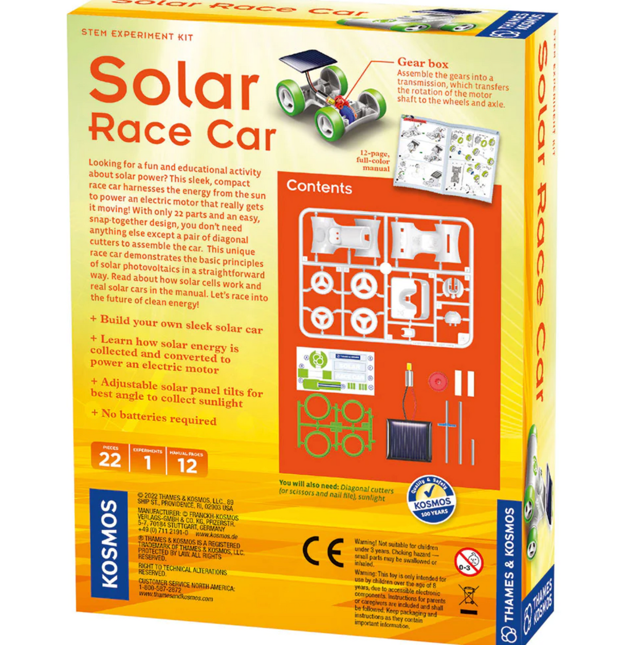 Solar Race Car kit box showing parts and instructions for building a solar-powered educational race car.