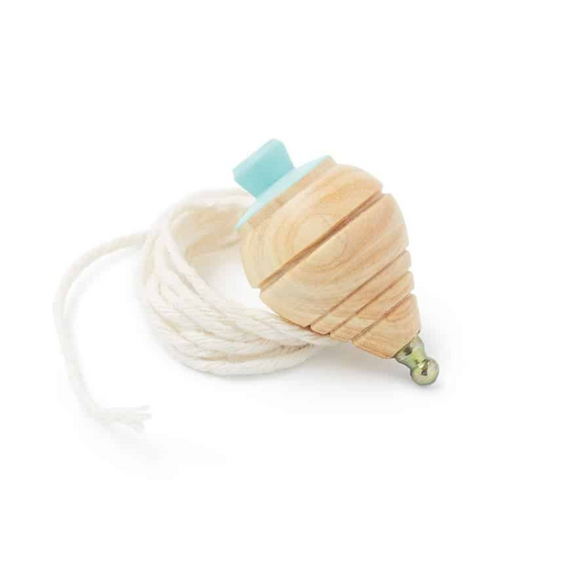Spinning Top - Mint made of boxwood with a blue waxed cotton cord, handcrafted sustainable mini toy.