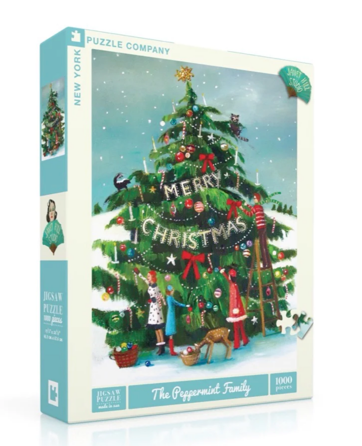 1000pc The Peppermint Family Puzzle showing a whimsical Christmas tree decorating scene with festive holiday cheer.