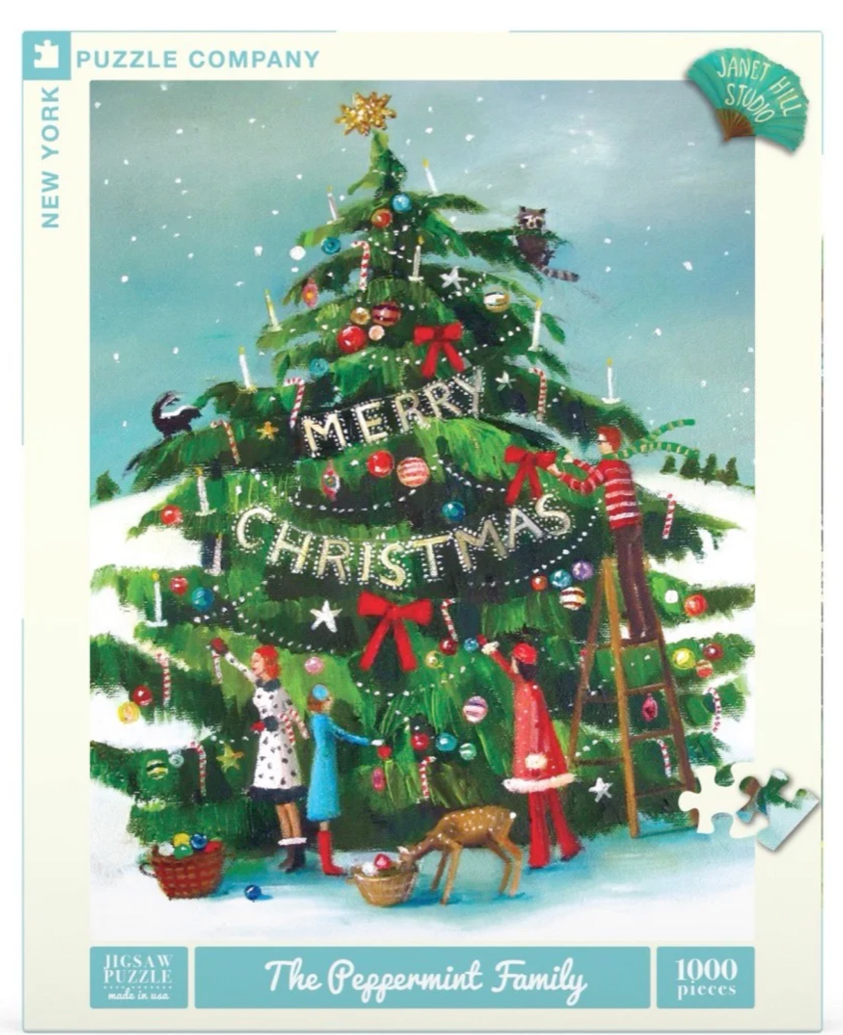 1000pc The Peppermint Family Puzzle shows a festive Christmas tree decorated by the Peppermint family in a whimsical style.