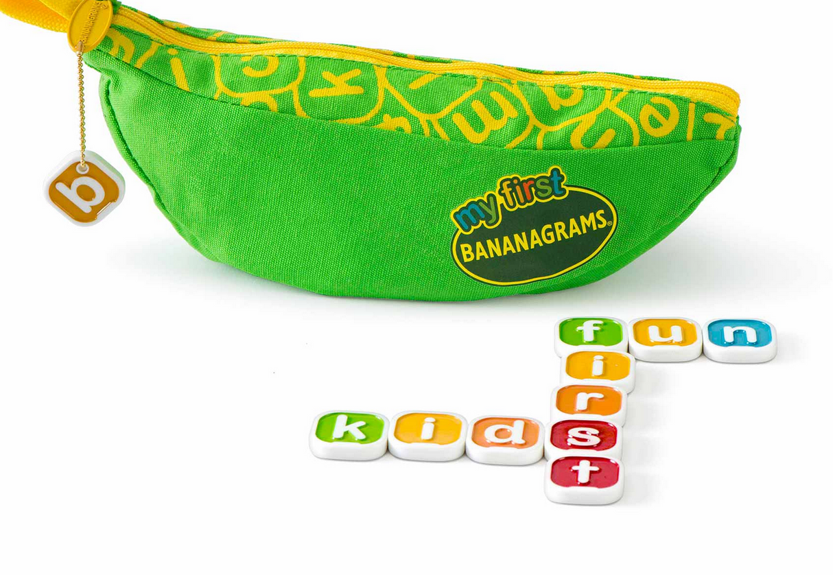Bananagrams | My First green banana-shaped pouch with letter tiles spelling fun and kid first.