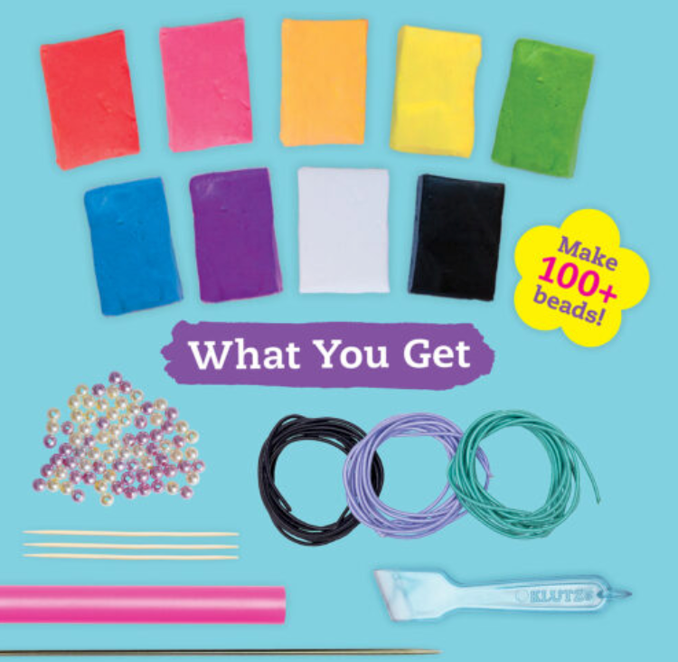 Ultimate Clay Bead Book with nine colorful polymer clays, tools, elastic cords, and beads for creative projects.
