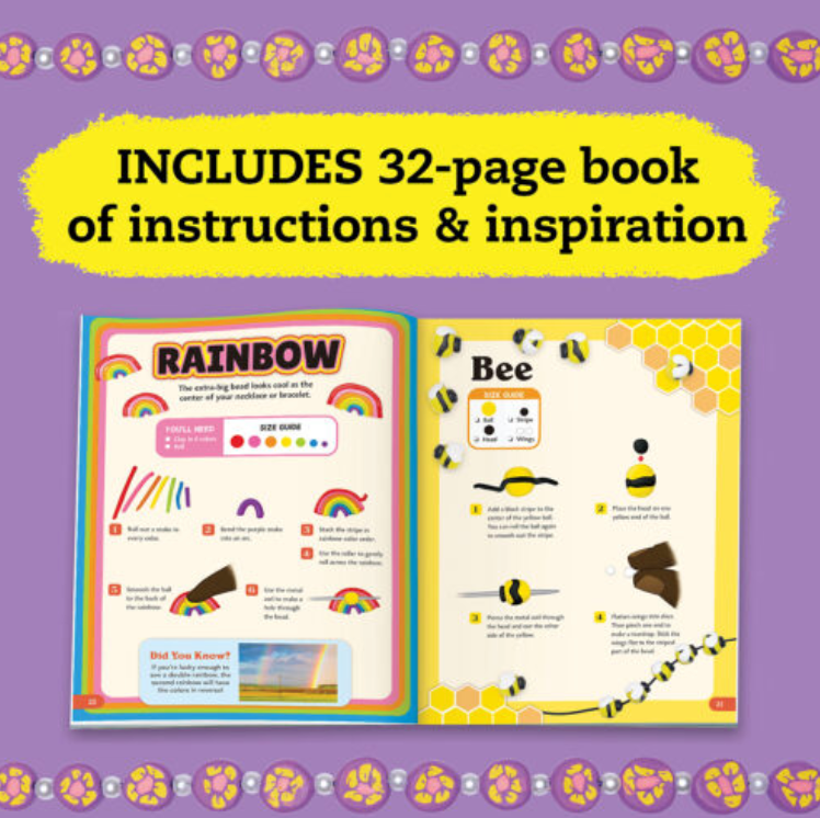 Ultimate Clay Bead Book showing colorful bead designs with step-by-step instructions on a 32-page guide.