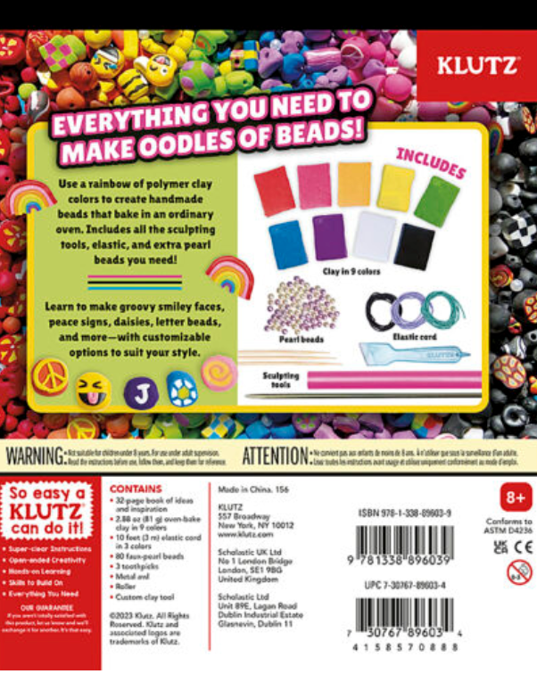 Ultimate Clay Bead Book with colorful polymer clay, sculpting tools, elastic cord, and pearl beads for making handmade creations.