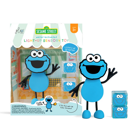 Glo Pals Cookie Monster Character with Light-Up Cubes, water-activated sensory toy from Sesame Street for ages 3 and up.