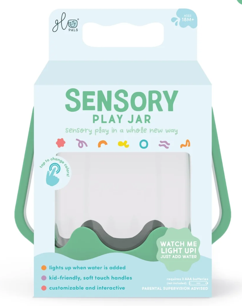 Sensory Jar | Green in packaging with light-up feature, kid-friendly handles, and tap-to-change color function.