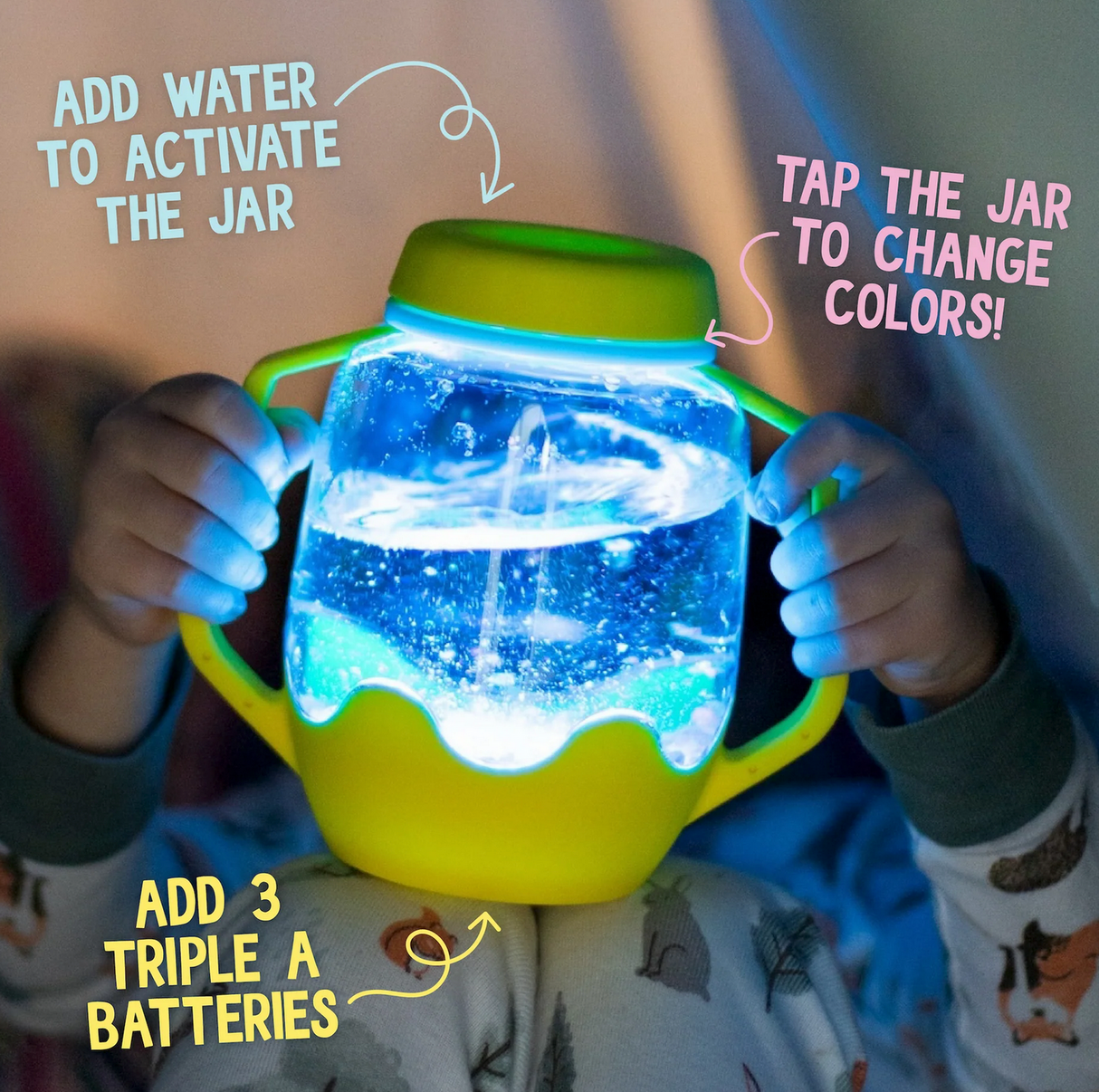 Child holding Sensory Jar | Green with water and light activating color-changing effects, spill-proof lid shown.