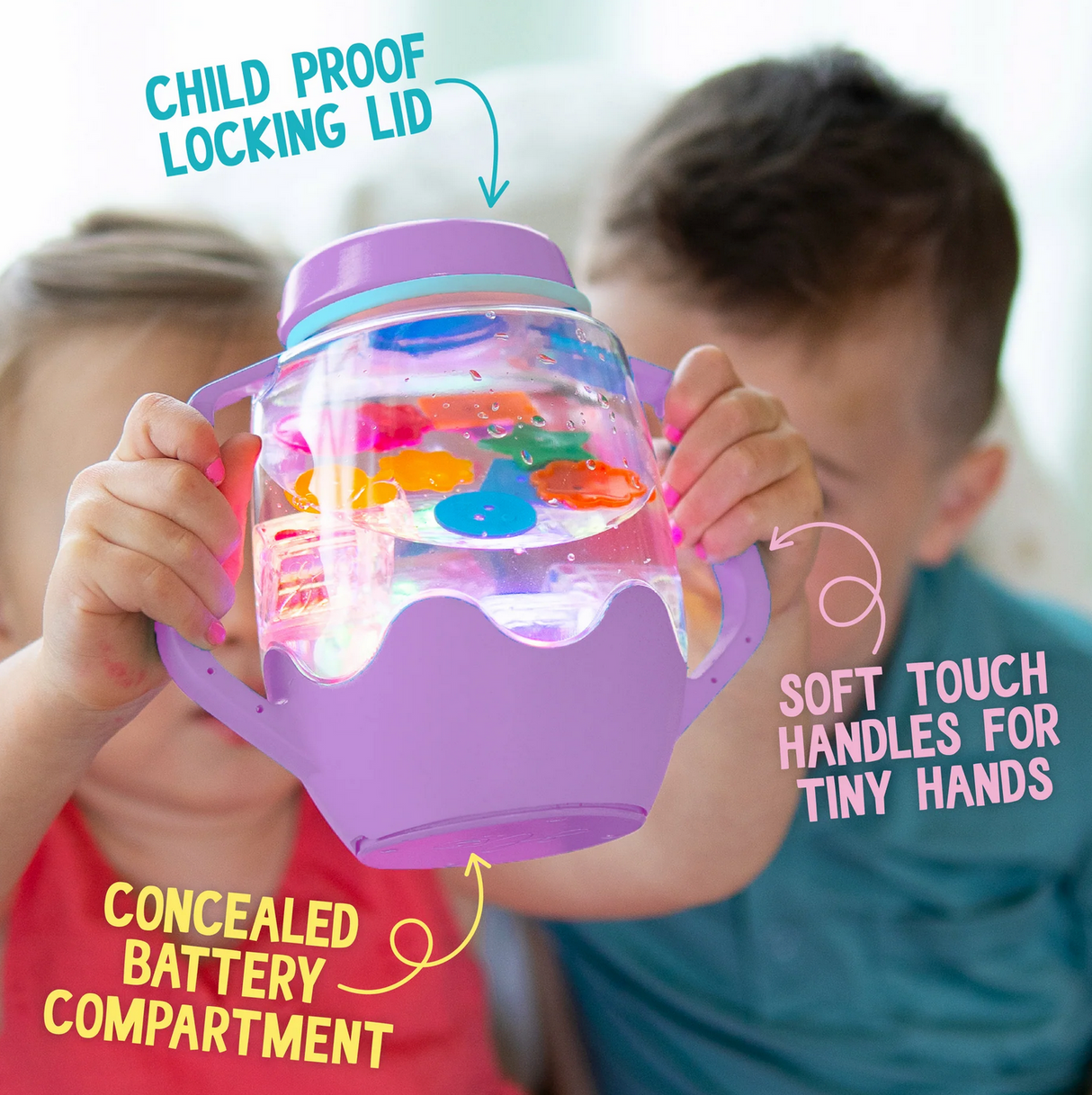 Sensory Jar | Purple with child-proof lid, soft touch handles, and concealed battery compartment for safe sensory play.