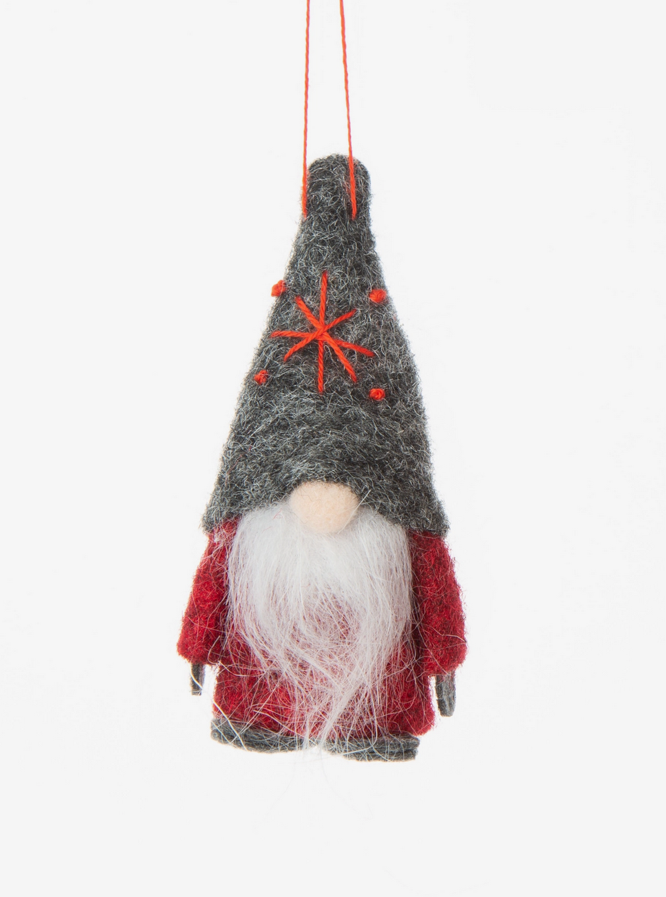 Gnome Felt Ornament with gray star hat, white beard, red coat, hanging felt gnome decoration about 3 inches tall.