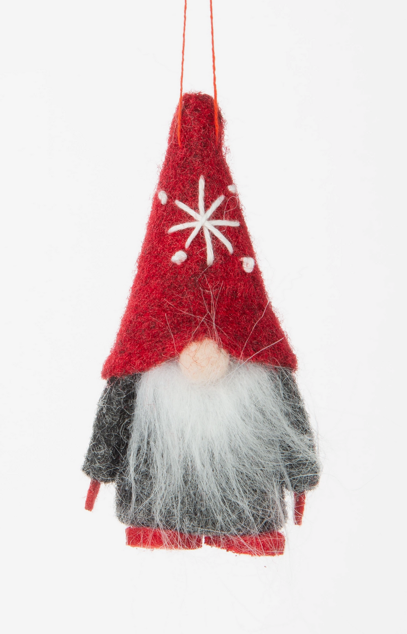 Gnome Felt Ornament with red hat and white star detail, gray body, and white beard, hanging decoration.