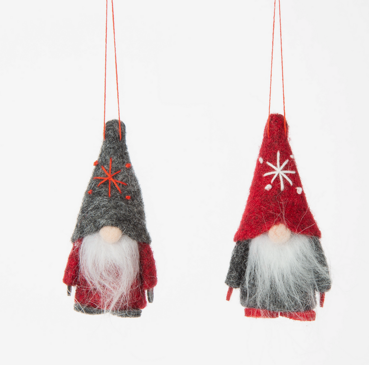 Gnome Felt Ornament featuring two felt gnomes with hats, polyester filled, each about 3 inches tall.