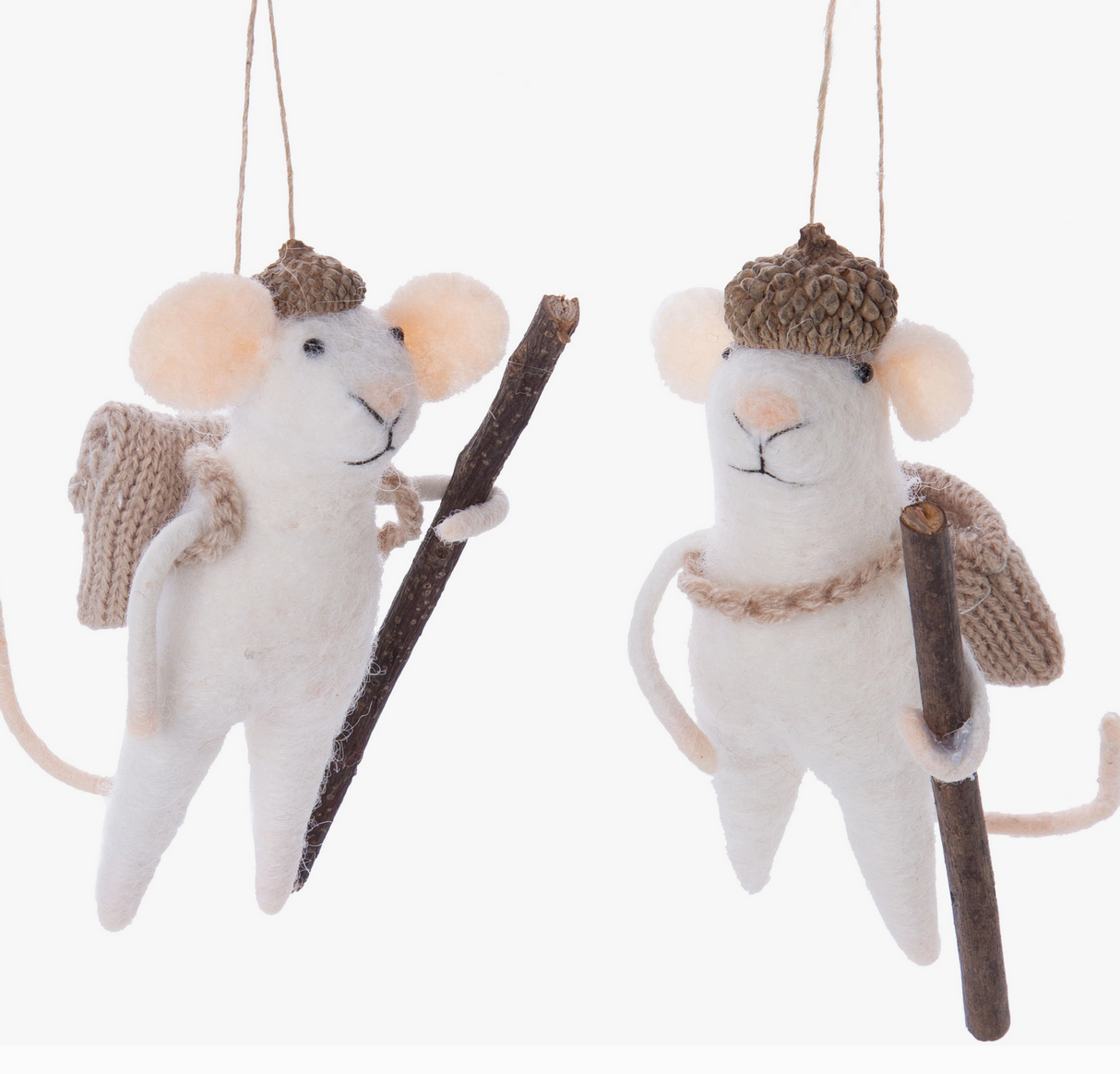 Hiking Mouse Felt Ornament featuring two white felt mice with acorn hats, backpacks, and walking sticks hanging on strings.