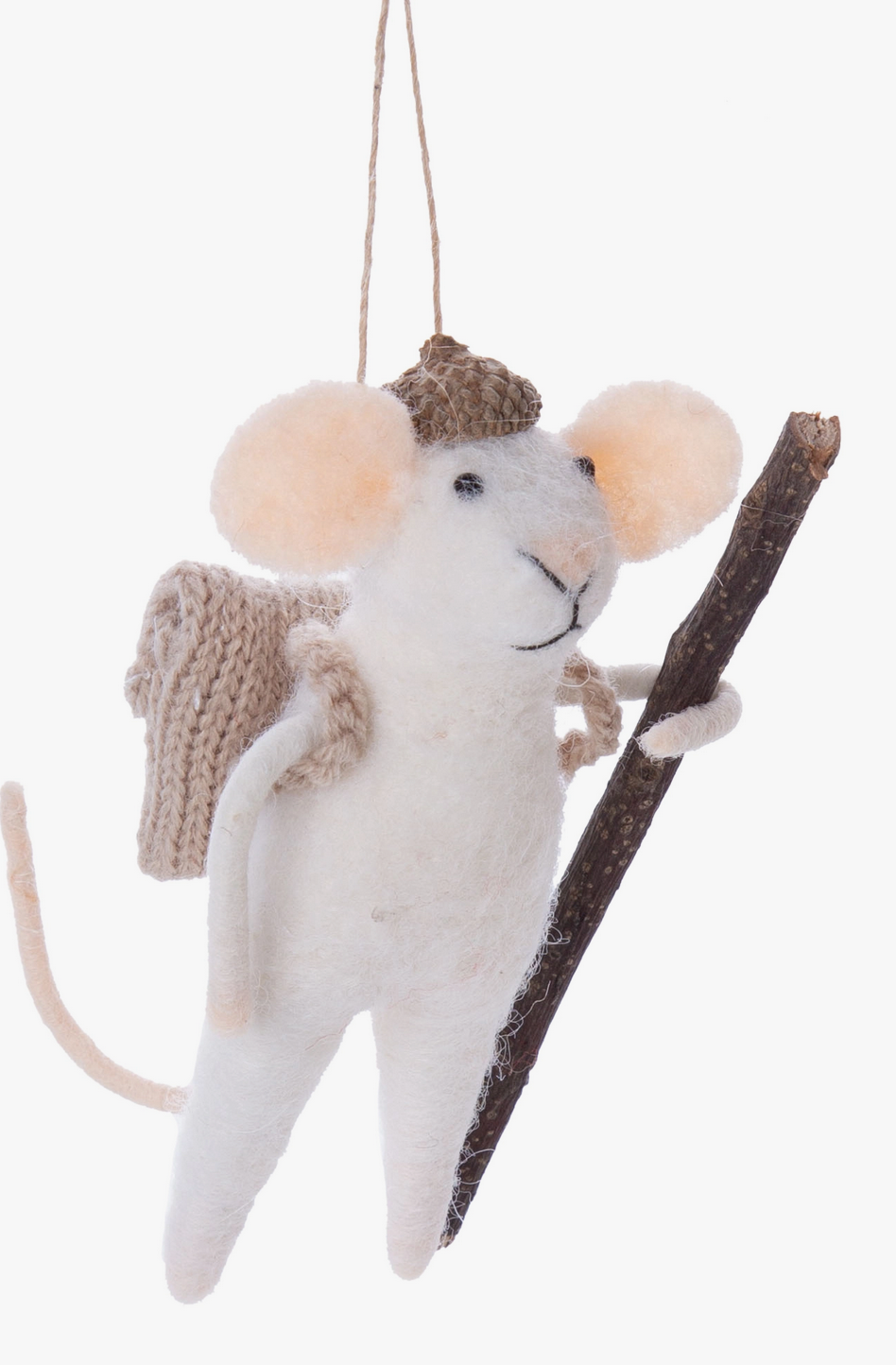 Hiking Mouse Felt Ornament with acorn hat, walking stick, and backpack made of polyester-filled felt and twig.