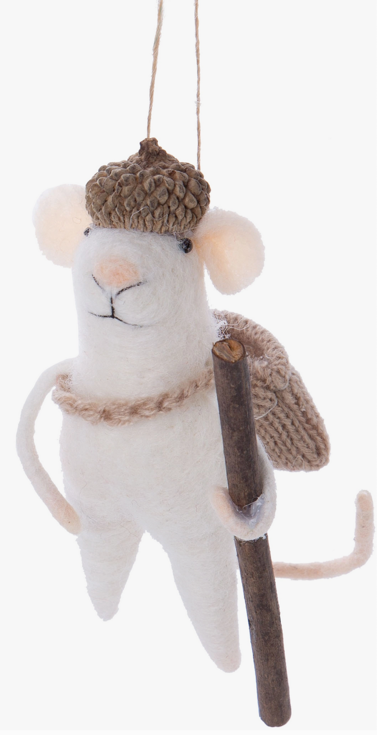Hiking Mouse Felt Ornament with acorn hat, twig walking stick, backpack, and soft felt body hanging decoration.