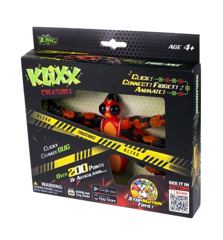 Klixx Creaturez Bug fidget toy with interlocking parts for creative play and stop motion animation, suitable for ages 4 and up.