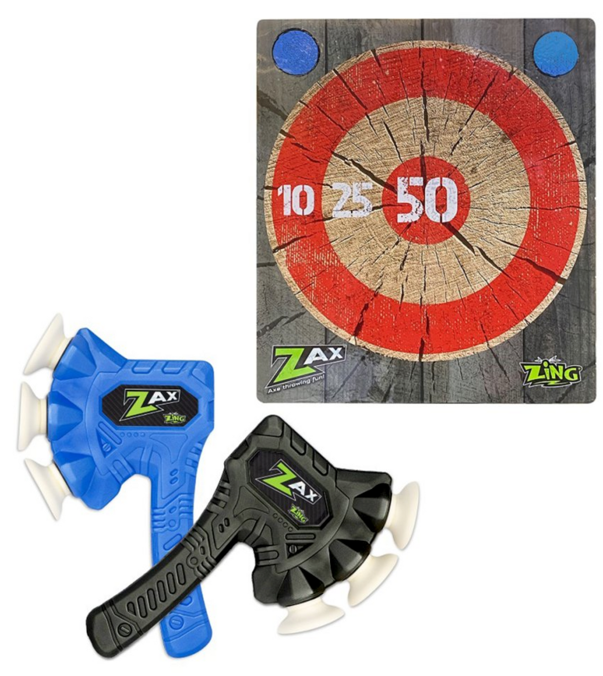 Zax Axe Throwing Fun! with two foam axes featuring suction cups and a colorful target for indoor and outdoor play.