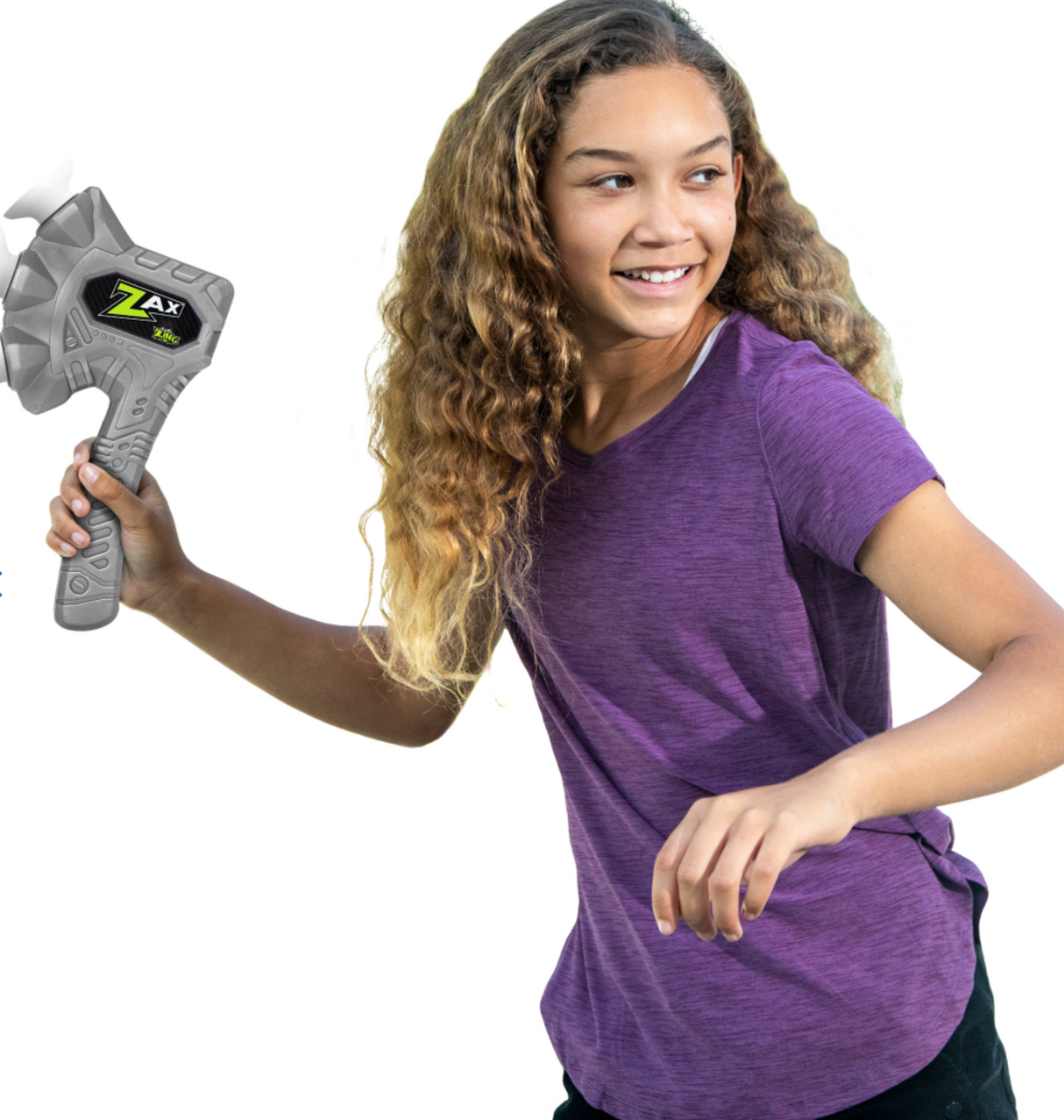 Girl in purple shirt playing Zax Axe Throwing Fun! holding a lightweight foam axe ready to throw.