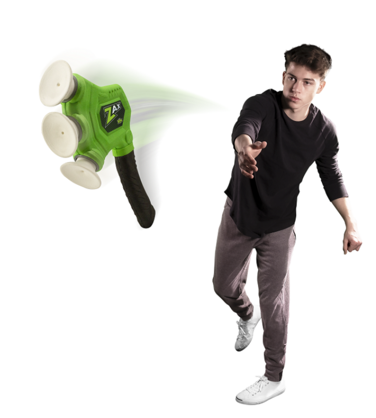 Zax Axe Throwing Fun! showing a young man throwing a lightweight green foam axe with suction cups attached.