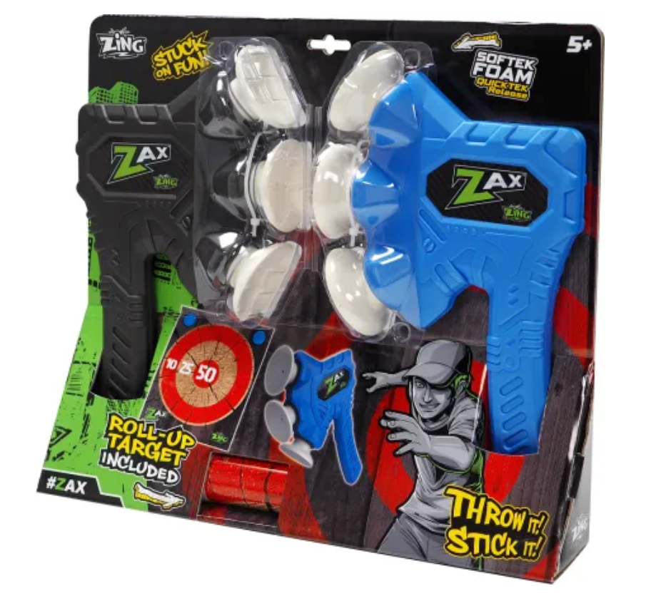 Zax Axe Throwing Fun! set with foam axes, suction cups, and roll-up target for safe indoor and outdoor play.