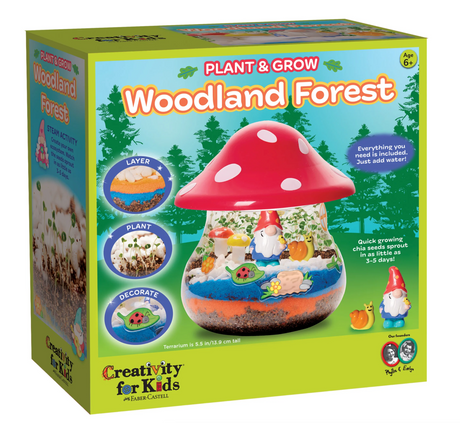 Plant & Grow Woodland Forest mushroom terrarium kit with chia seeds, potting mix, decorations, and gnome figurine for kids ages 6+