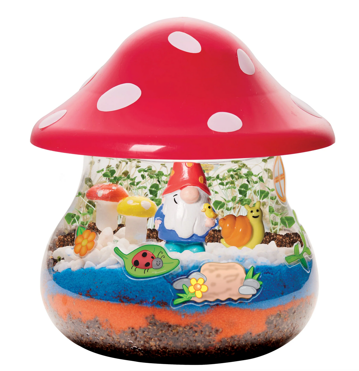 Plant & Grow Woodland Forest mushroom terrarium with chia plants, gnome figurine, colorful sand, and decorative stickers.