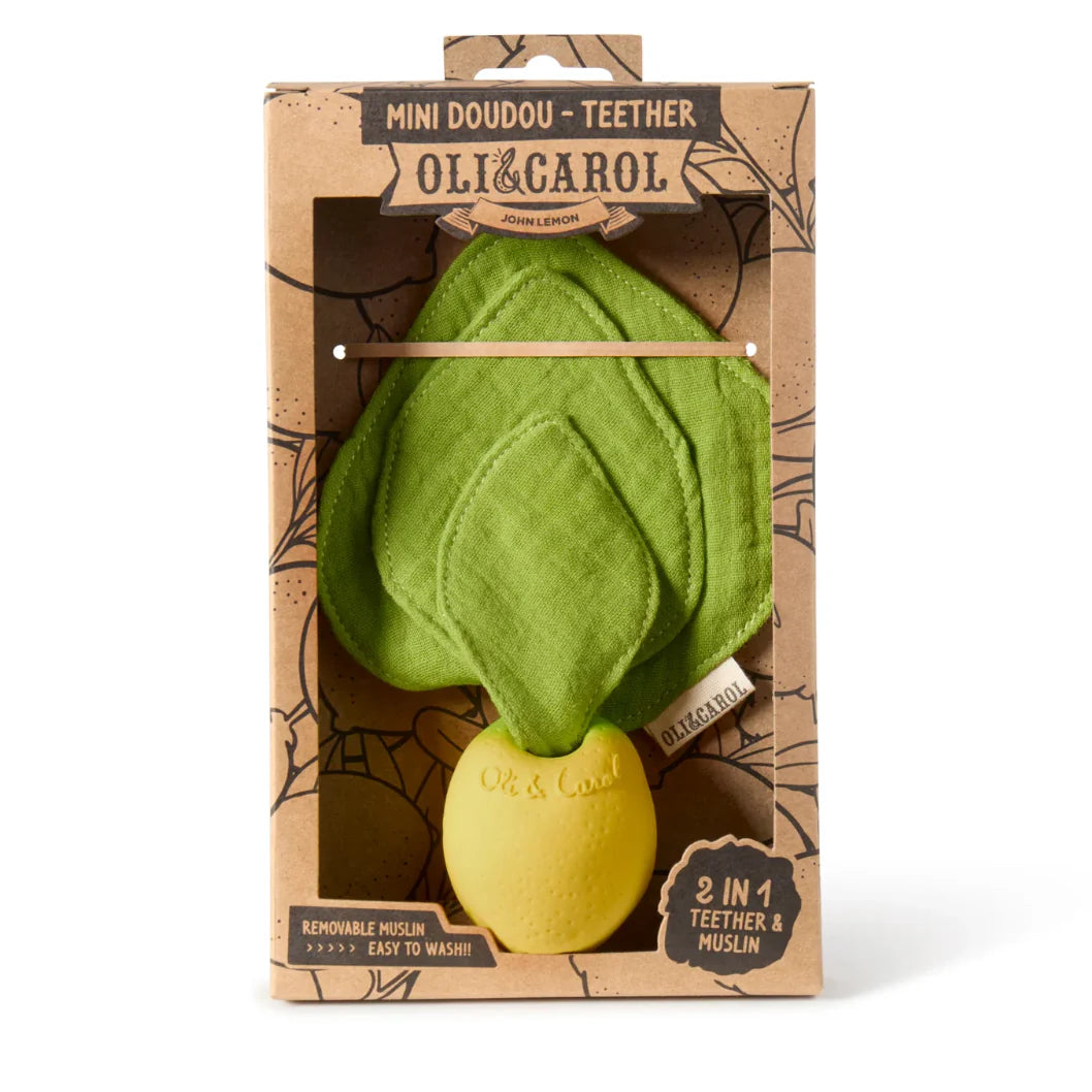 Mini DouDou Teether | John Lemon baby teether and soft muslin blankie in green with yellow natural rubber teether.