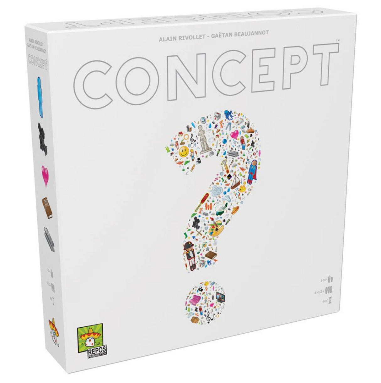 Concept board game box featuring a large question mark made of colorful icons on a white background.
