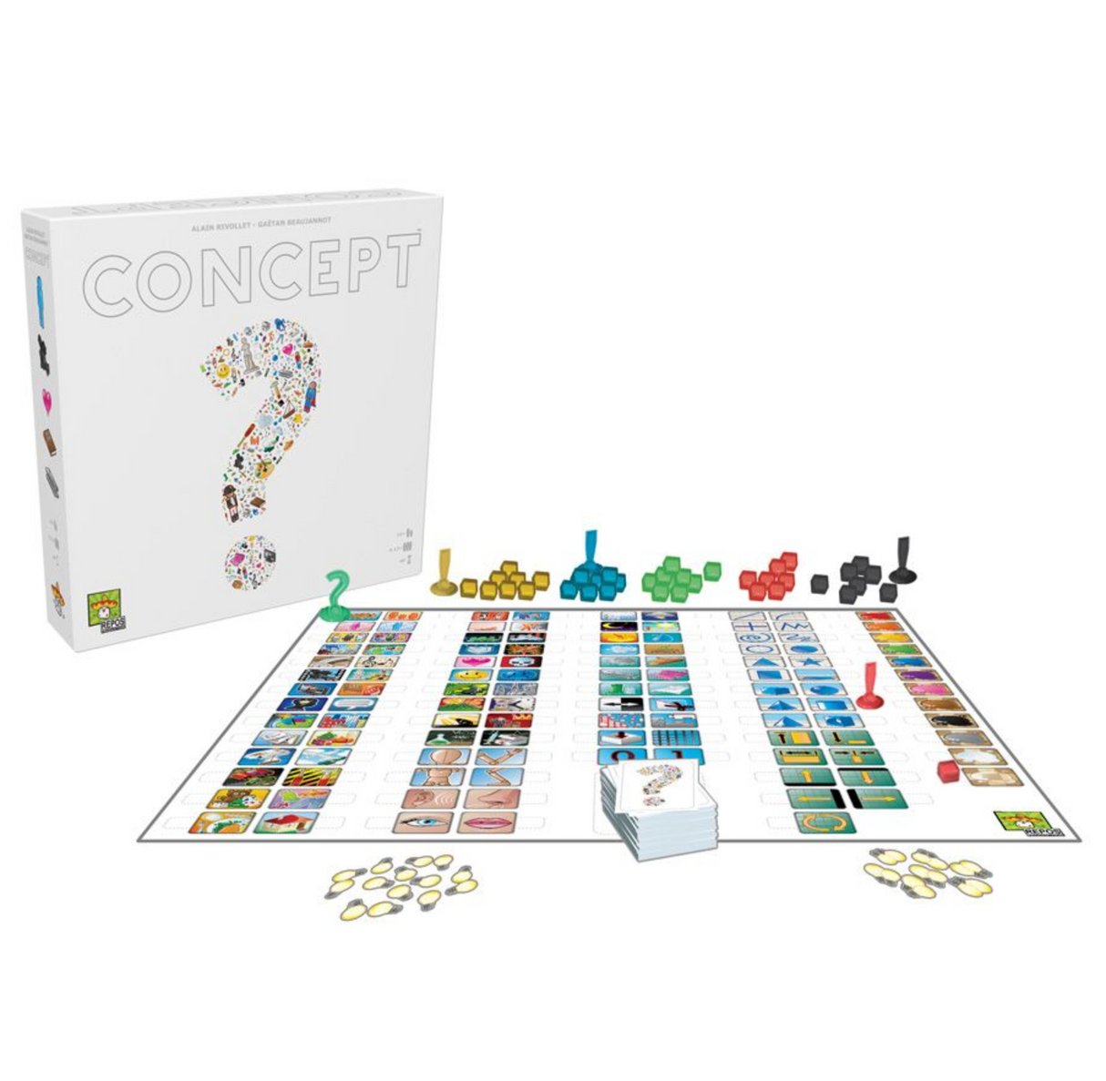 Concept board game with colorful icons and pieces laid out for a fun, easy-to-learn communication game.