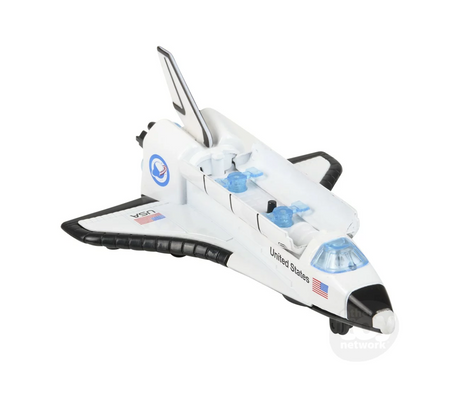 6" Die-Cast Space Shuttle | Light Up! toy with pull back motion and flashing lights, perfect for kids ages 3 and up.