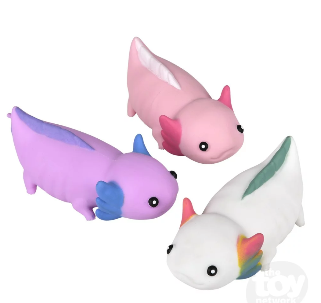Three colorful Stretchy Sand Axolotl toys made of smooth silicone with soft sand-filled insides.