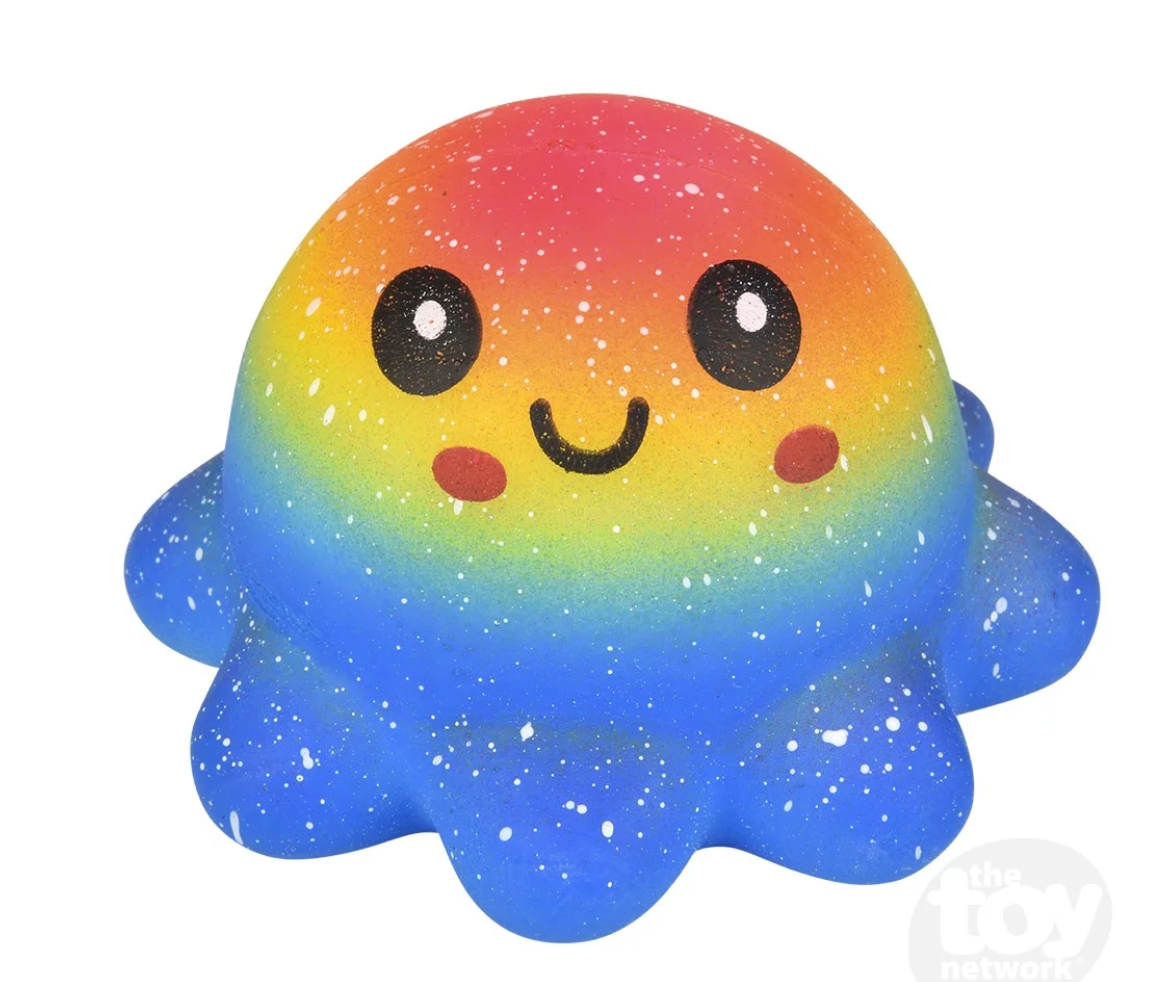Squish & Stretch Rainbow Octopus toy with a colorful gradient and smiling face, perfect for squeezing and relaxing.