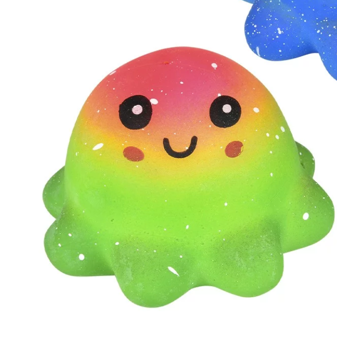 Squish & Stretch Rainbow Octopus with smiling face and vibrant colors, a fun stress relief toy for ages 3 and up.