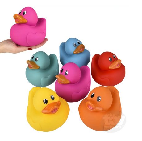 Big Rubber Ducky in various bright colors, large size, perfect for ages 3 and up, shown in hand for scale.