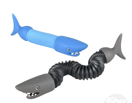 Two Shark Fidget Pop Tubes in blue and black colors stretch and accordion for fun sensory play.