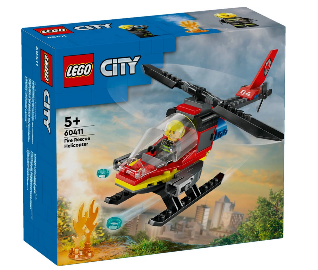 LEGO City Fire Rescue Helicopter toy with firefighter pilot, spinnable rotors, and water element launchers for kids 5 and up.