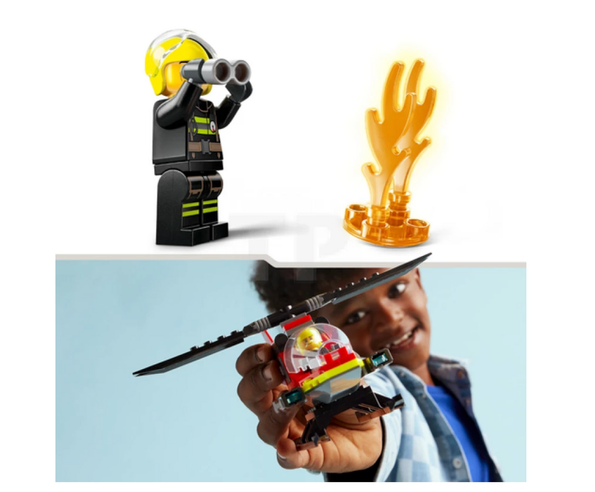 Child playing with City Fire Rescue Helicopter LEGO toy, featuring firefighter minifigure and fire element.