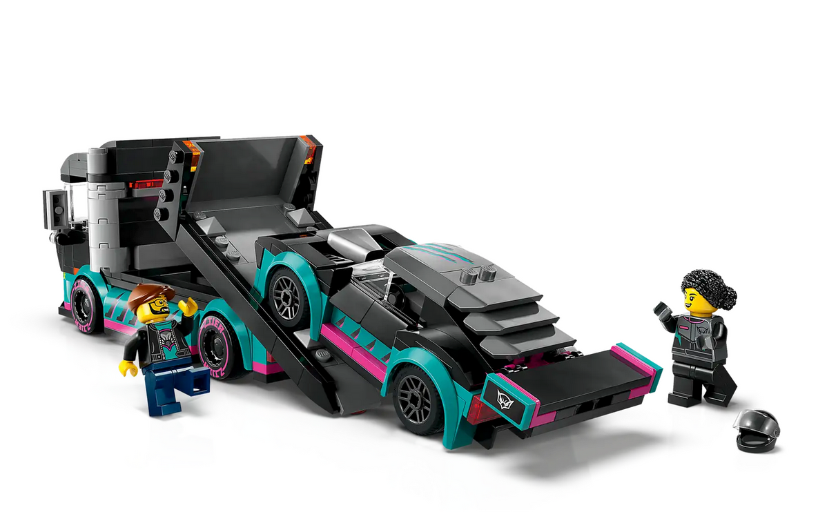 LEGO City Race Car and Car Carrier Truck with race car on ramp and two driver minifigures for creative play.