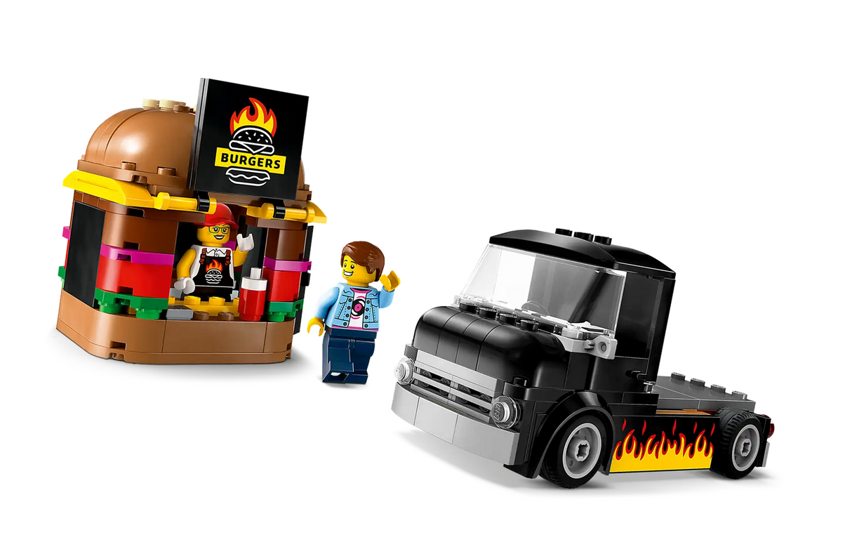 LEGO City Burger Truck with detachable burger joint, vendor and customer minifigures for creative play.