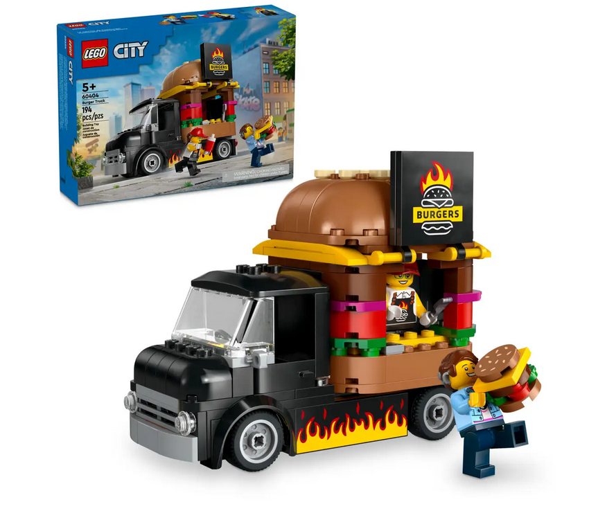 LEGO City Burger Truck toy with giant burger top, vendor and customer minifigures, and flame-grilled burger sign.